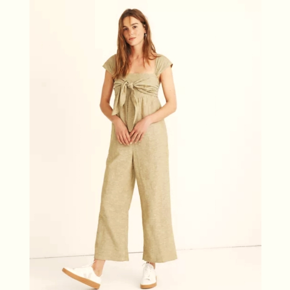 Madewell Olive Cap Sleeve Tie Linen Blend Wide Leg Jumpsuit Size 2